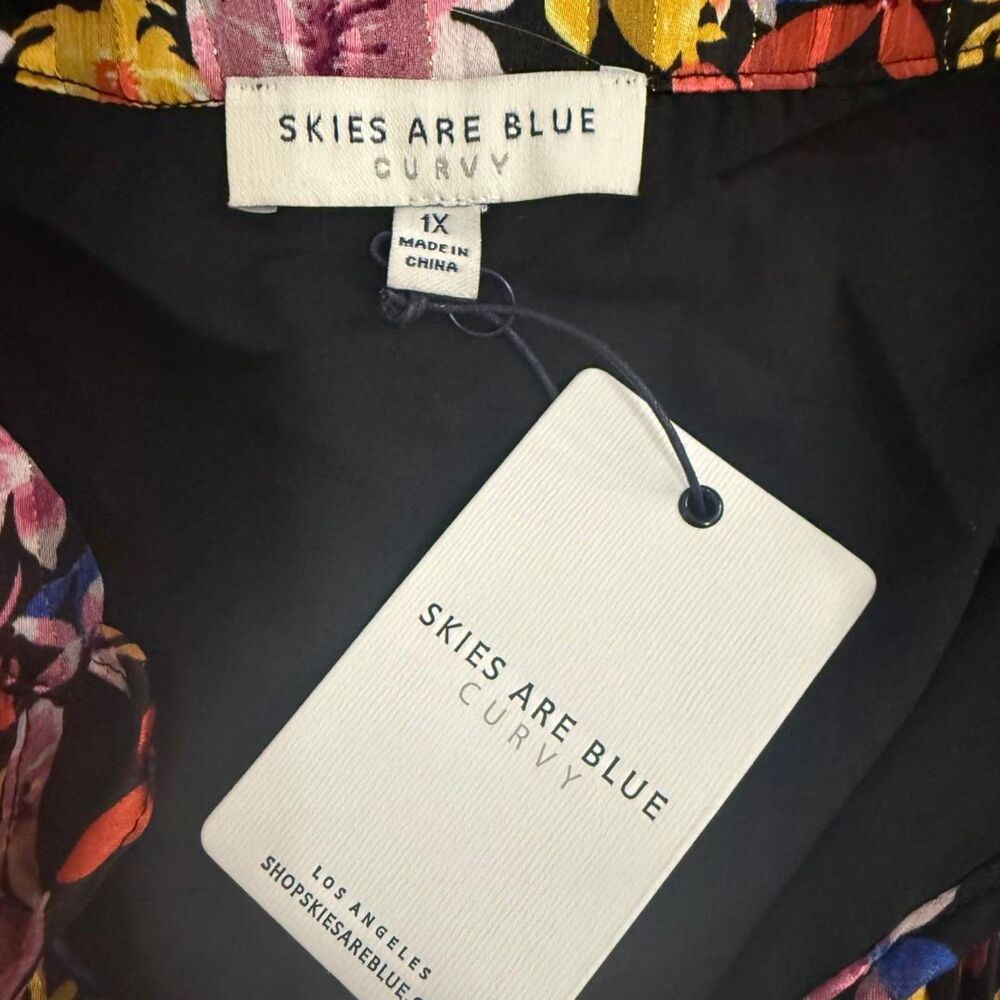 SKIES ARE BLUE Floral Pleated Tie Neck Lined Blouse, NEW! Size 1X - Picture 6 of 8
